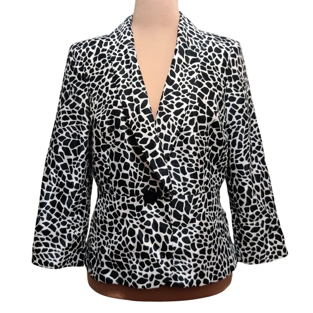 Kasper Womens 12 Black White Giraffe Animal Print Satin Blazer Statement Jacket